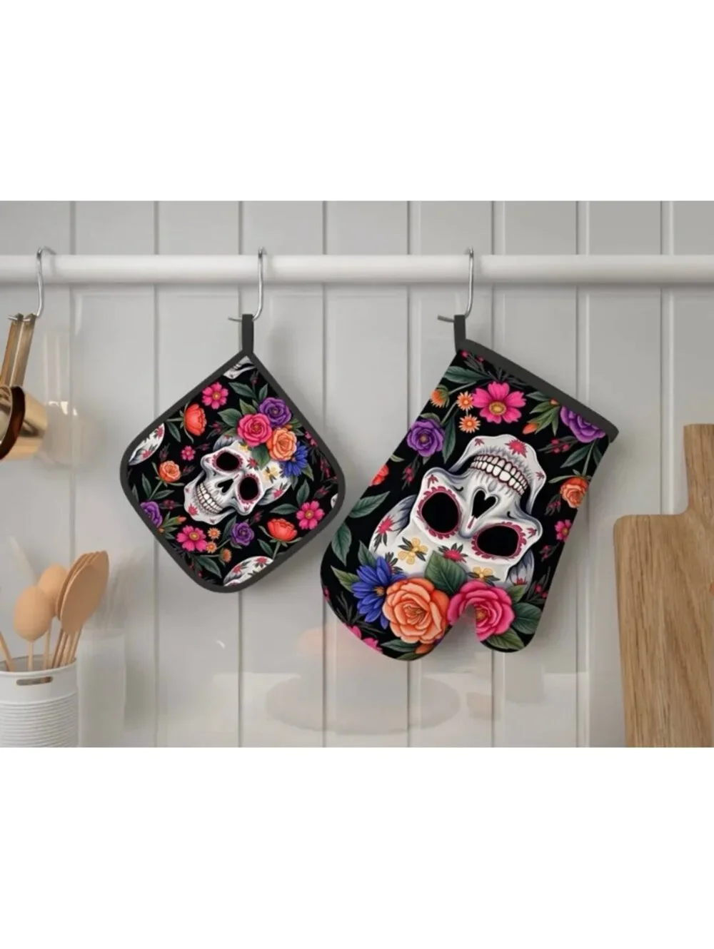 New - 2pcs Floral Skull - Oven Mitts and Pot Holders Set